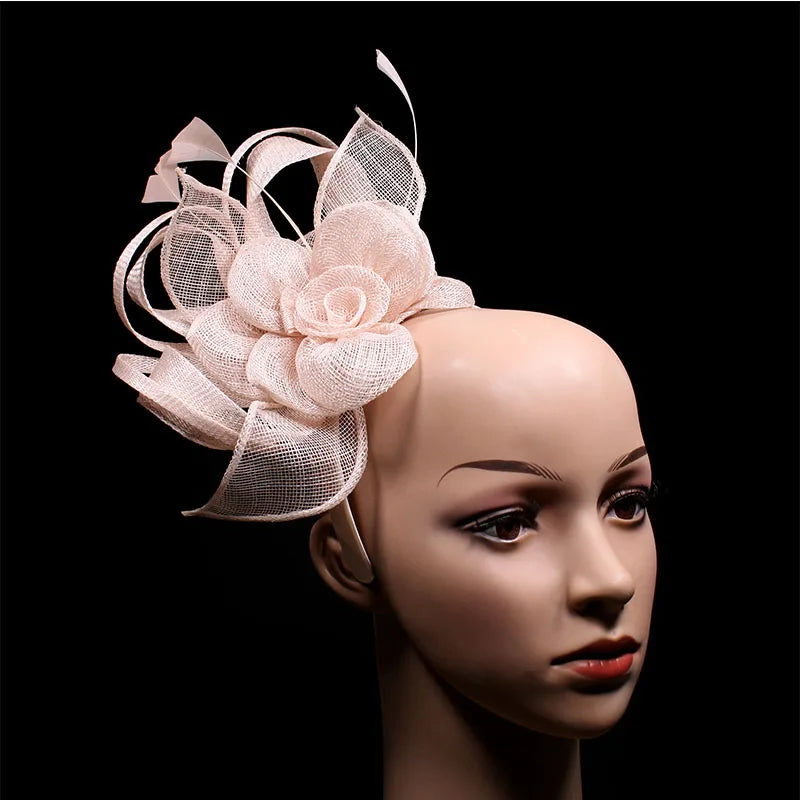 Hot Sale Custom  Peach Pink Ladies Sinamay Fashion Fascinators With Rhinestone Feather Hairband Derby Hats for Wedding Party