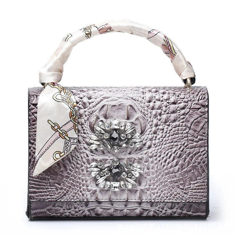 Women's Alligator Crocodile Pattern Rhinestone Zipper Two Flap Tote Bag Shoulder Strap Handbag Clutch Purse Crocodile PU Leather