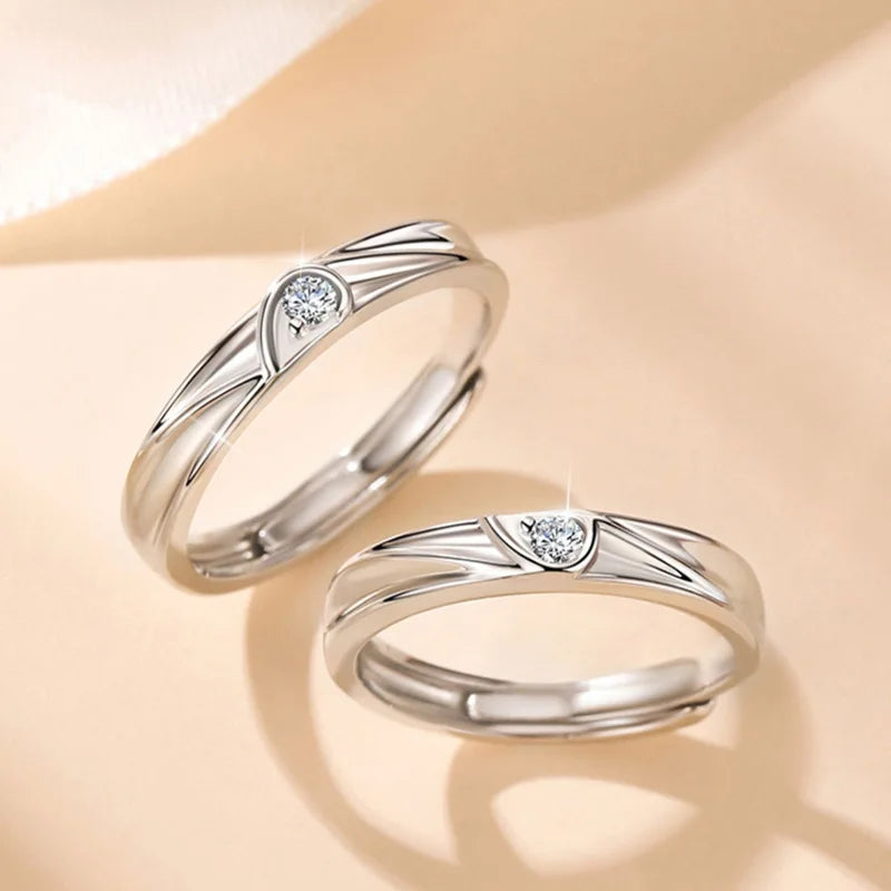BASQUESUN Factory Wholesale Custom  Heart of the Ocean Couple Copper Inlaid Zircon Fashion Simple Heart Couple Ring