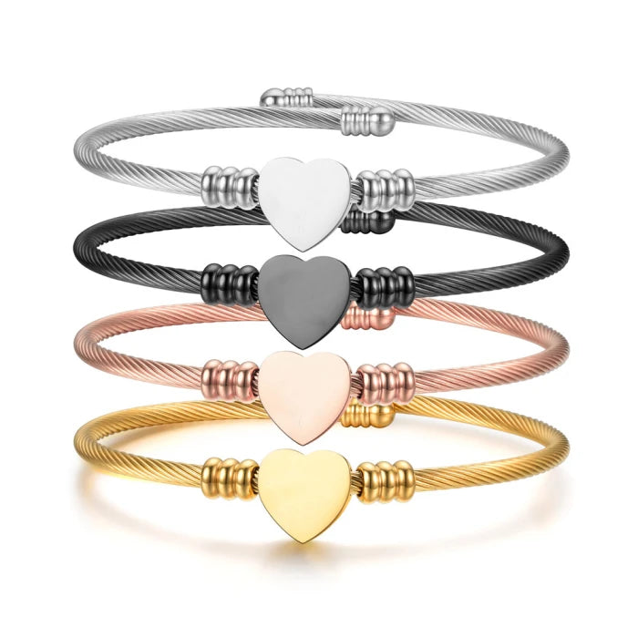Fashion Anniversary Anniversary Jewelry Accessories PVD Plated Stainless Steel Heart Love Adjustable Open Bracelet for Engraved