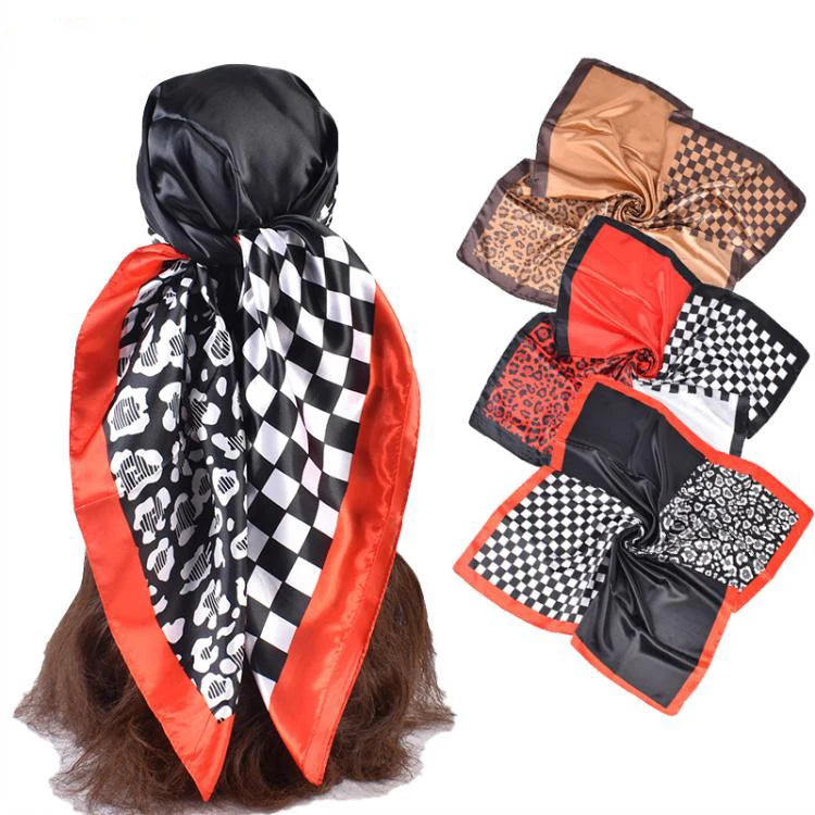 New Fashion Wholesale Checkered Pattern Printing 90cm Satin Silk Shawl Turban Bandannas Large Square Scarf