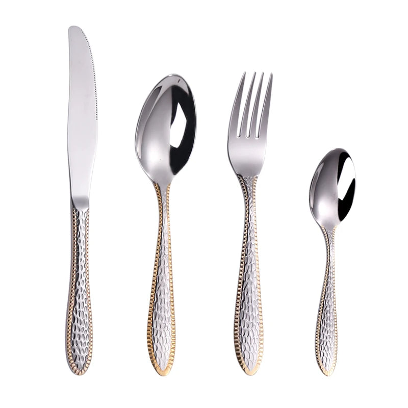 Hotel Luxury Stainless Steel Silver and Gold Cutlery Good Engraved Polished Copper Cutlery Set for Restaurants