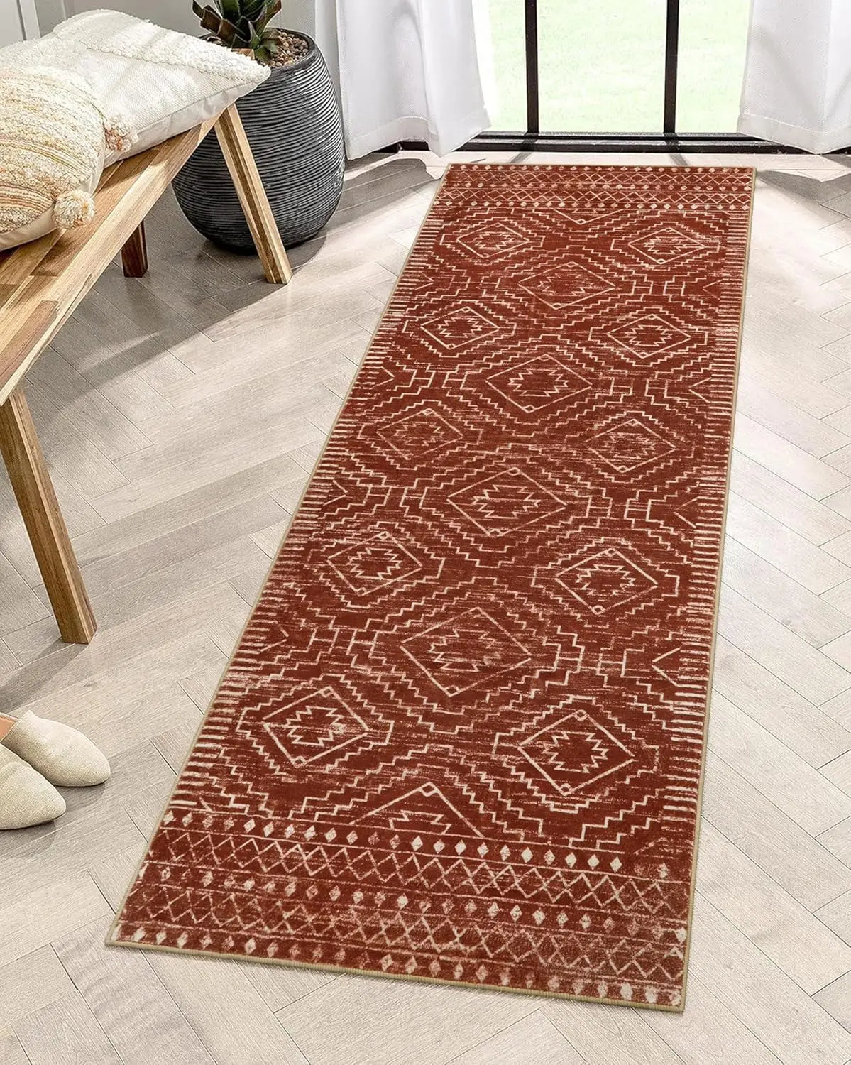 2'x6' Vintage Red Runner Rug Non-Slip Washable Polyester Kitchen Entryway Carpet Faux Cashmere Design for Bedside Holiday Decor