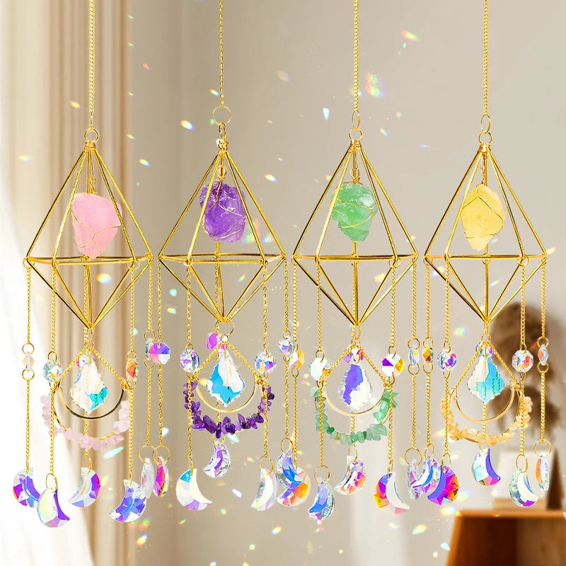 Natural Raw Stone Crystal Sun Catcher Wind Chimes Hanging for Home Decor Natural Stone Moon Star Crystal Hanging