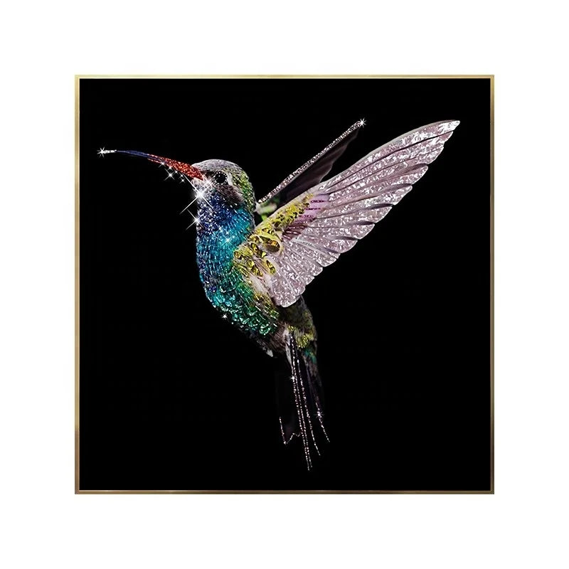 Luxury Wall Art Decor Hummingbird Diamond Encrusted Crystallized Porcelain Painting for Restaurant and Hotel Room Decoration