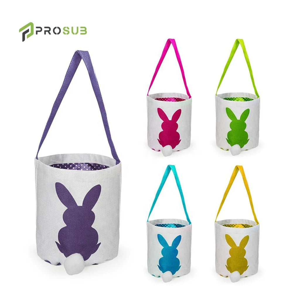 Prosub Blank Sublimation Easter Bunny Basket With Colour Handle Cute Rabbit Tail Linen Eggs Tote Bag