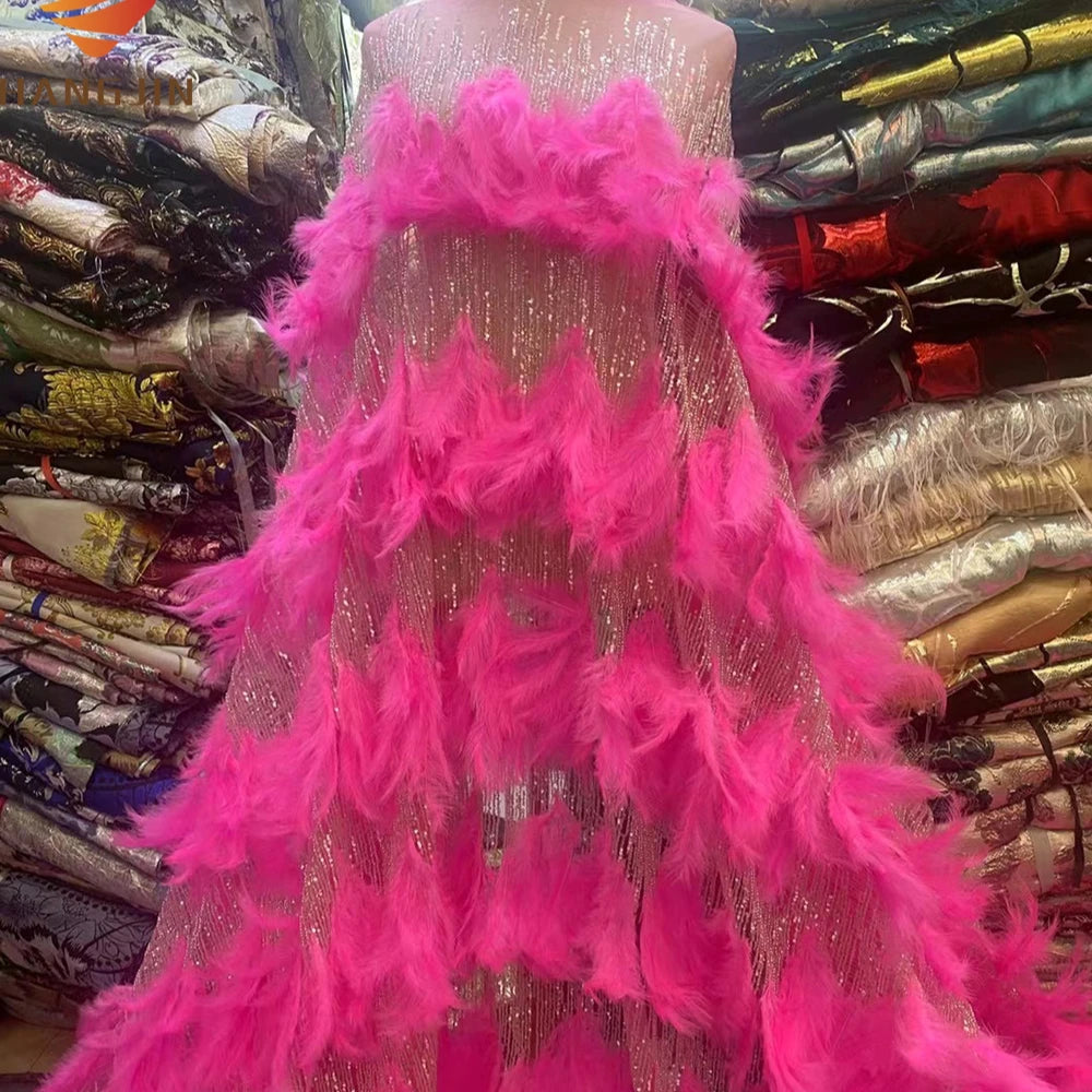 Nigerian Sequins Lace Fabrics Bridal Lace Fabric Mesh Net Embroidery 3D Ostrich Feathers Lace Fabric for Wedding Dress Sewing