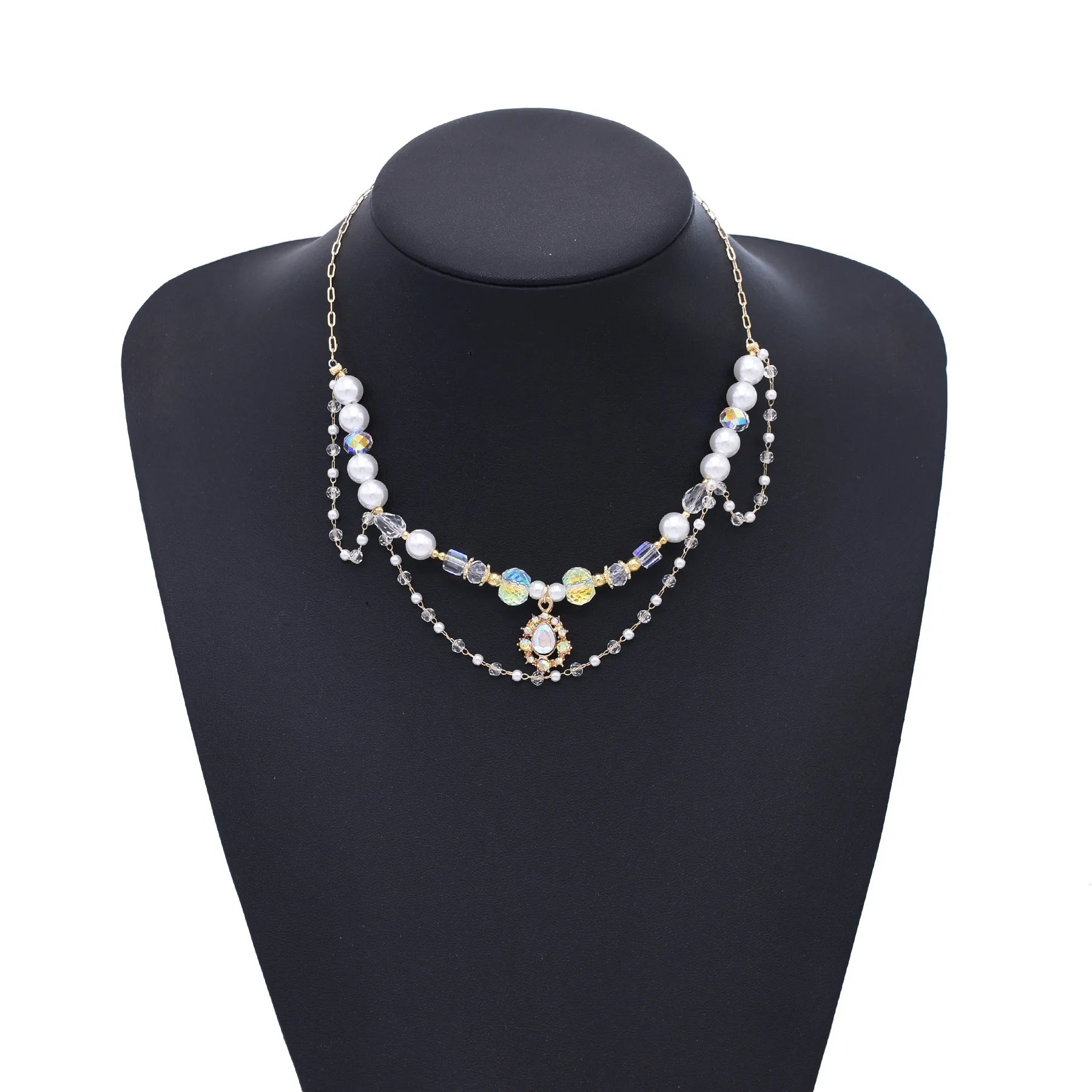 Gold Plated Chain Faux Pearl Crystal Women Beaded Necklace Lovely Drop Charms Chokers Necklaces