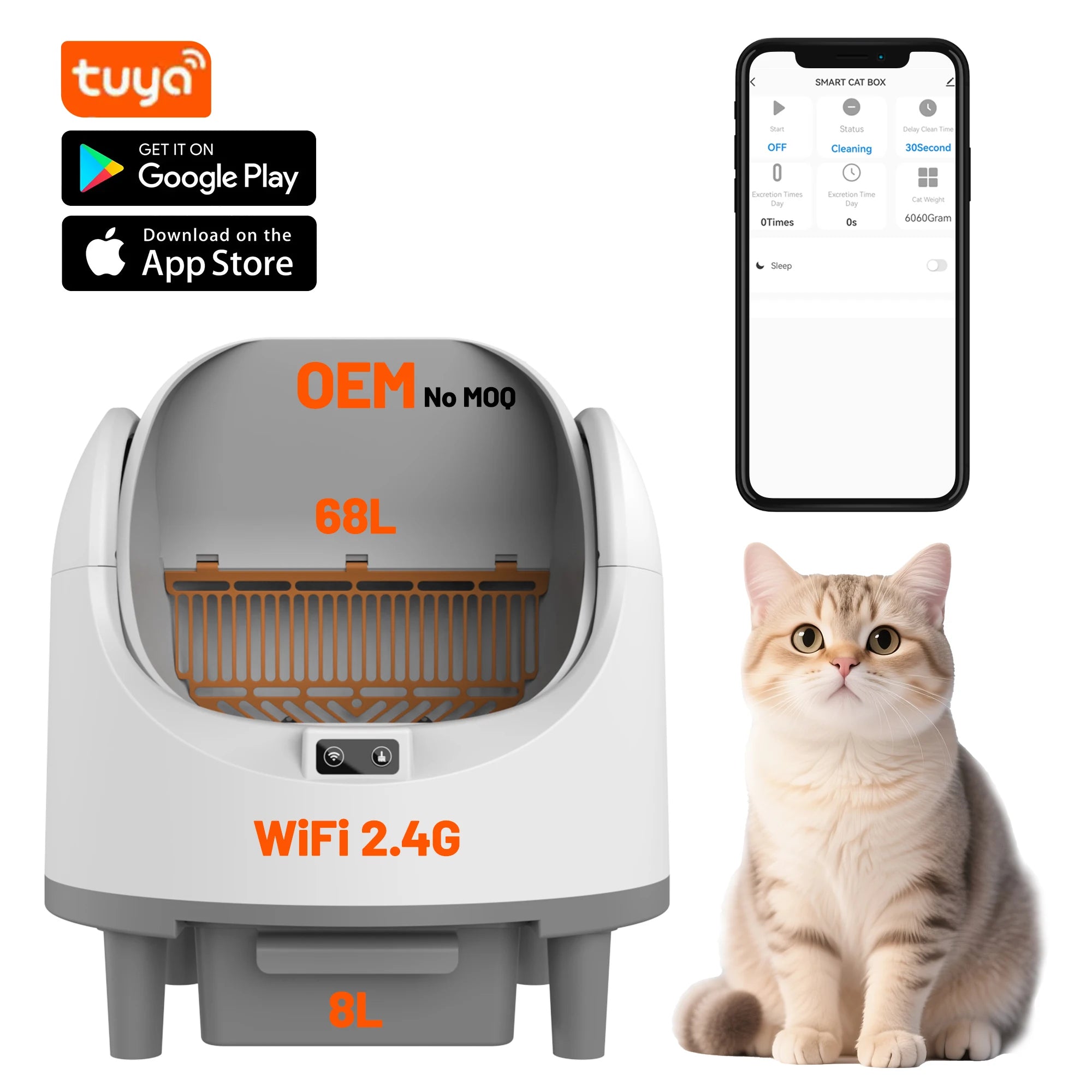 68L Large Space Automatic Self Cleaning Cat Litter Box Wi-Fi Enabled Smart Cat Toilet Robot with Remote Control Odor Removal