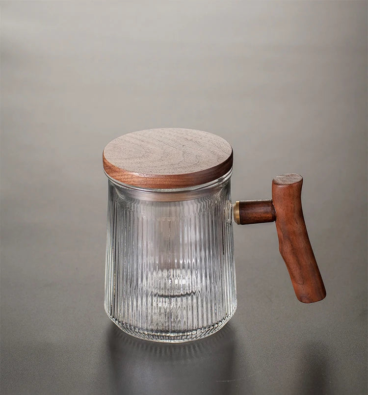 Hot Sale Wooden Handle Glass Tea Cup With Infuser and Lid
