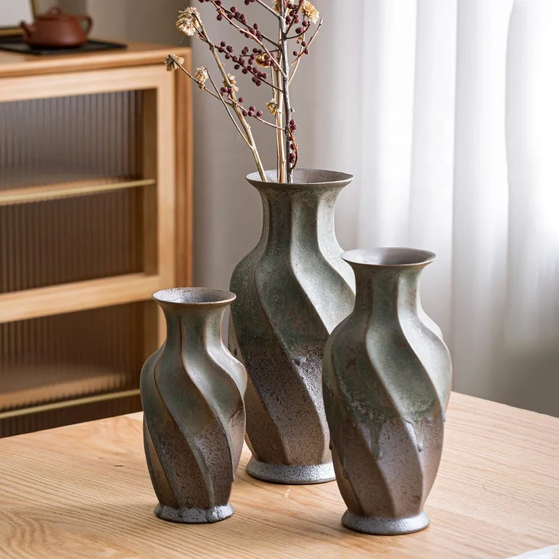 Striped Texture Centerpiece Bronze Metallic Finish Crackle VaseAntique Wabi-sabi Style Rustic Porcelain Iron Glazed Vase Decor