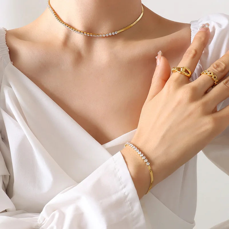 18k Gold Plated Stainless Steel Jewelry Set 2mm Tennis Choker Necklace Zircon Bracelet Snake Chain Necklace for Women