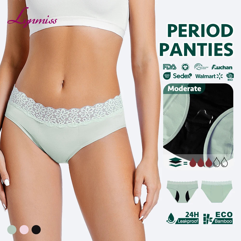 Wholesale Women Adult Leak Proof Lace Printed Woven Mid-Brief Bamboo Fabric OEKO-TEX Certified Menstrual Panties with Waist Logo