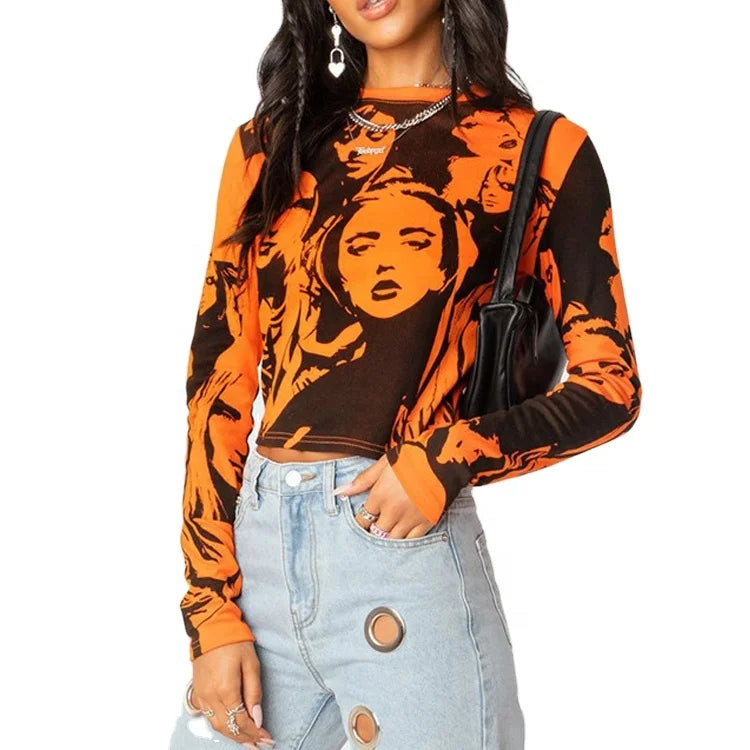 OEM Custom  Crop Top Long Sleeve Cotton Tshirts Women Digital Print Streetwear Crop Tops for Women