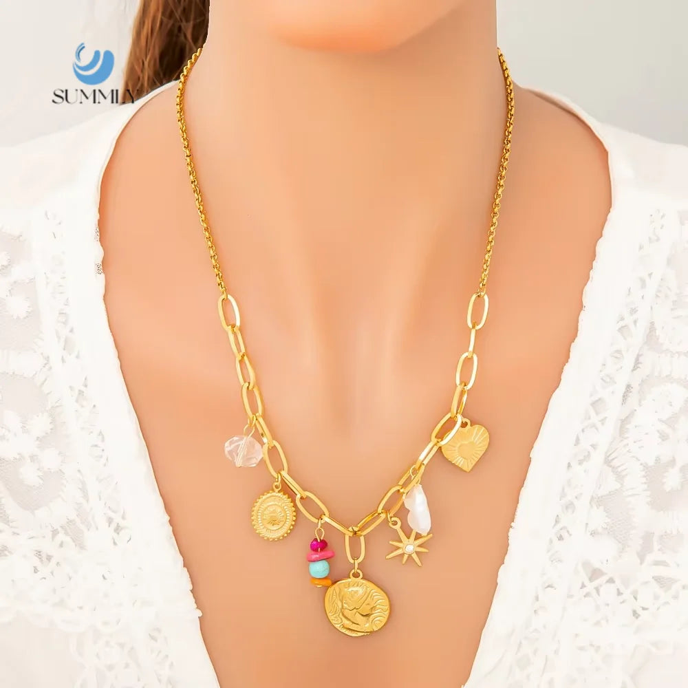 SUMMLY Ventage Trend Personalized Geometric 18K Gold Plated Stainless Steel Pearl Necklace Handmade Fashion Jewelry