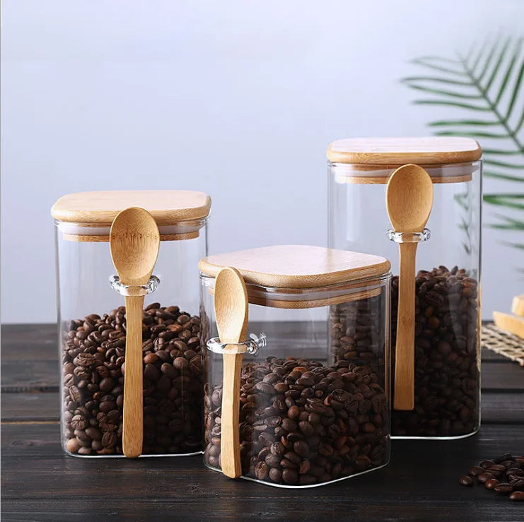 800ml 1200ml Clear Borosilicate Glass Seasonings Storage Jar Square Coffee Canister with Bamboo Lid and Wooden Spoon