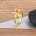 QIKU Bohemia Rainbow Rhinestone Feather Leaf Shape Opening Ring Micro Pave Copper Cubic Zircon Jewelry Women Girl Gift Wholesale