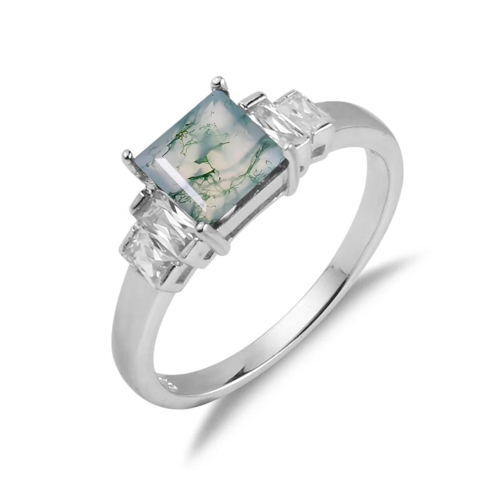 F0343 Abiding Five Stone Design 925 Sterling Silver Princess Cut 6x6mm Natural Moss Agate Square Shape Engagement Ring
