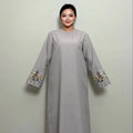 LM086 Blossom Embroidery Linen Textured Abaya with Belt and Pocket Round Neck Zipper Back Dress Daily Wear Islamic Clothing