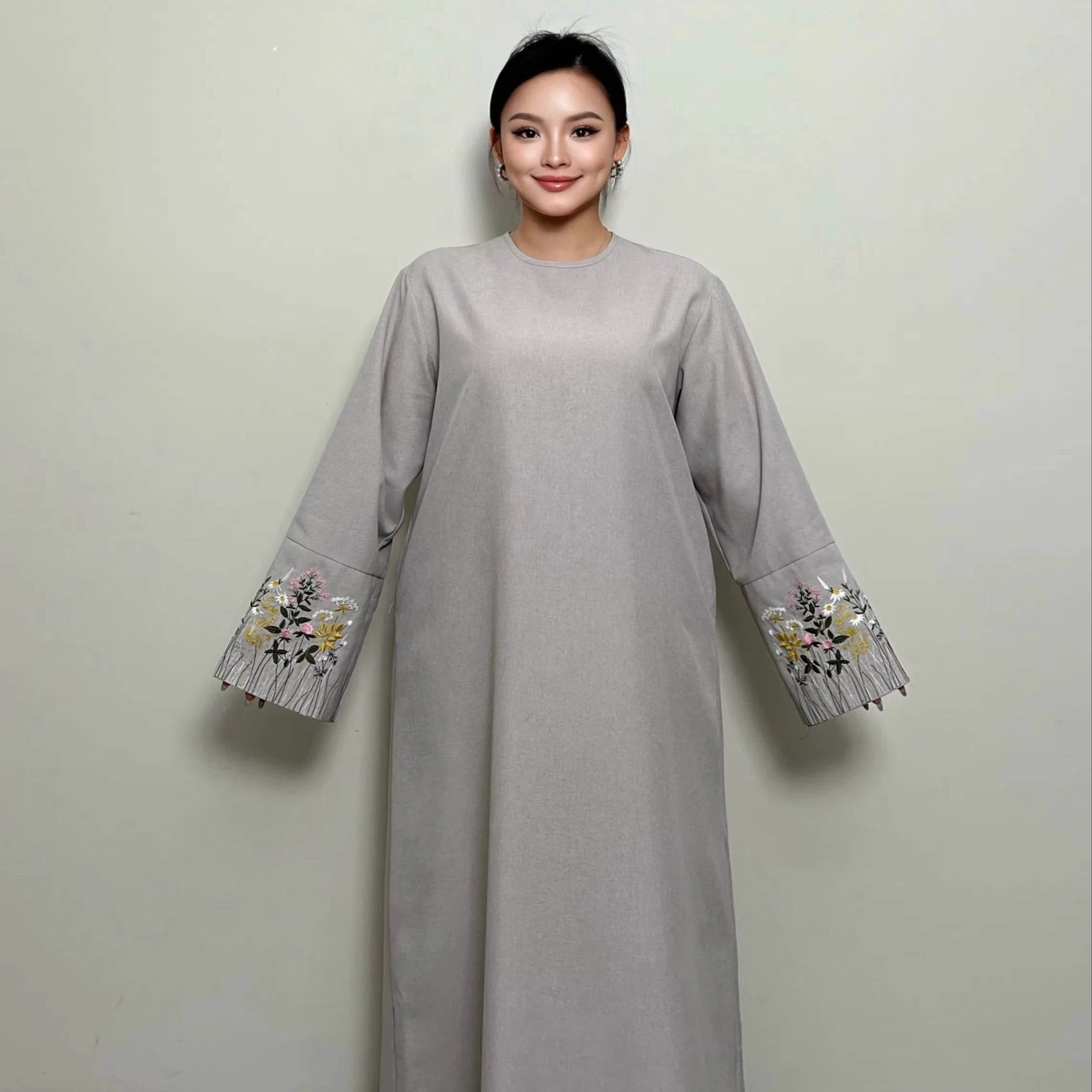 LM086 Blossom Embroidery Linen Textured Abaya with Belt and Pocket Round Neck Zipper Back Dress Daily Wear Islamic Clothing