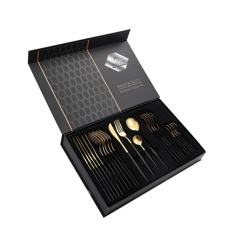 Stainless Steel PVD Flatware Set Hotel Wedding Metal Serving Spoon Premium Black Gold Cutlery Set 24 Pcs