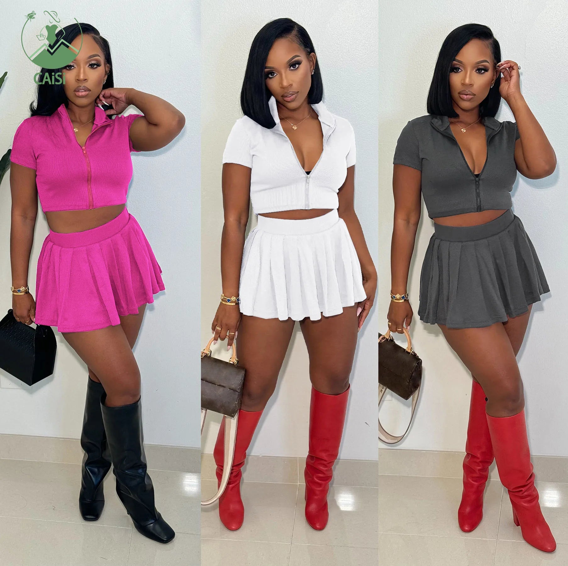 Women's 2 Piece Pleated Skirt Set Ribbed Short Sleeve Shirts and Mini Skirts Two Piece Set 2025 Summer Casual Streetwear Outfits