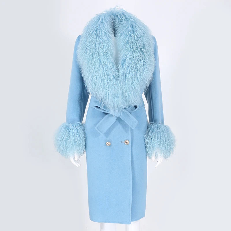 2023 Wholesale Fashion Slim Real Fur Collar Women Winter Cashmere Wool Trench Coat Mongolian Lamb Fur Wool Coat