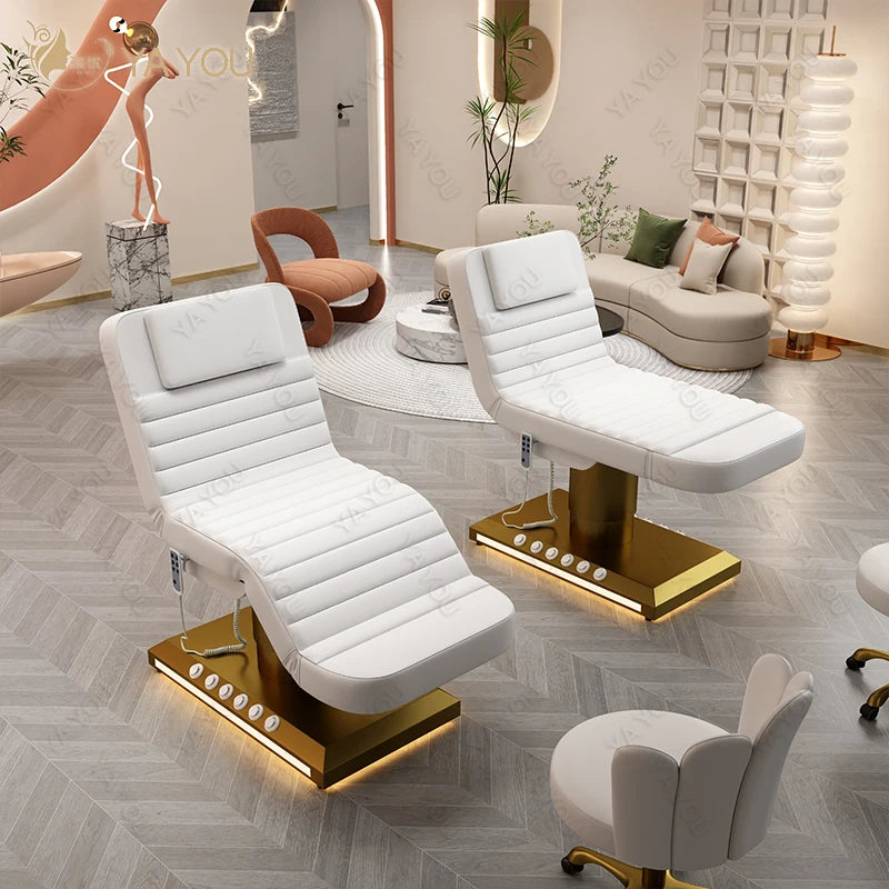 Golden Metal Base with Foot Control Electric 3 Motor Facial Massage Beauty Bed