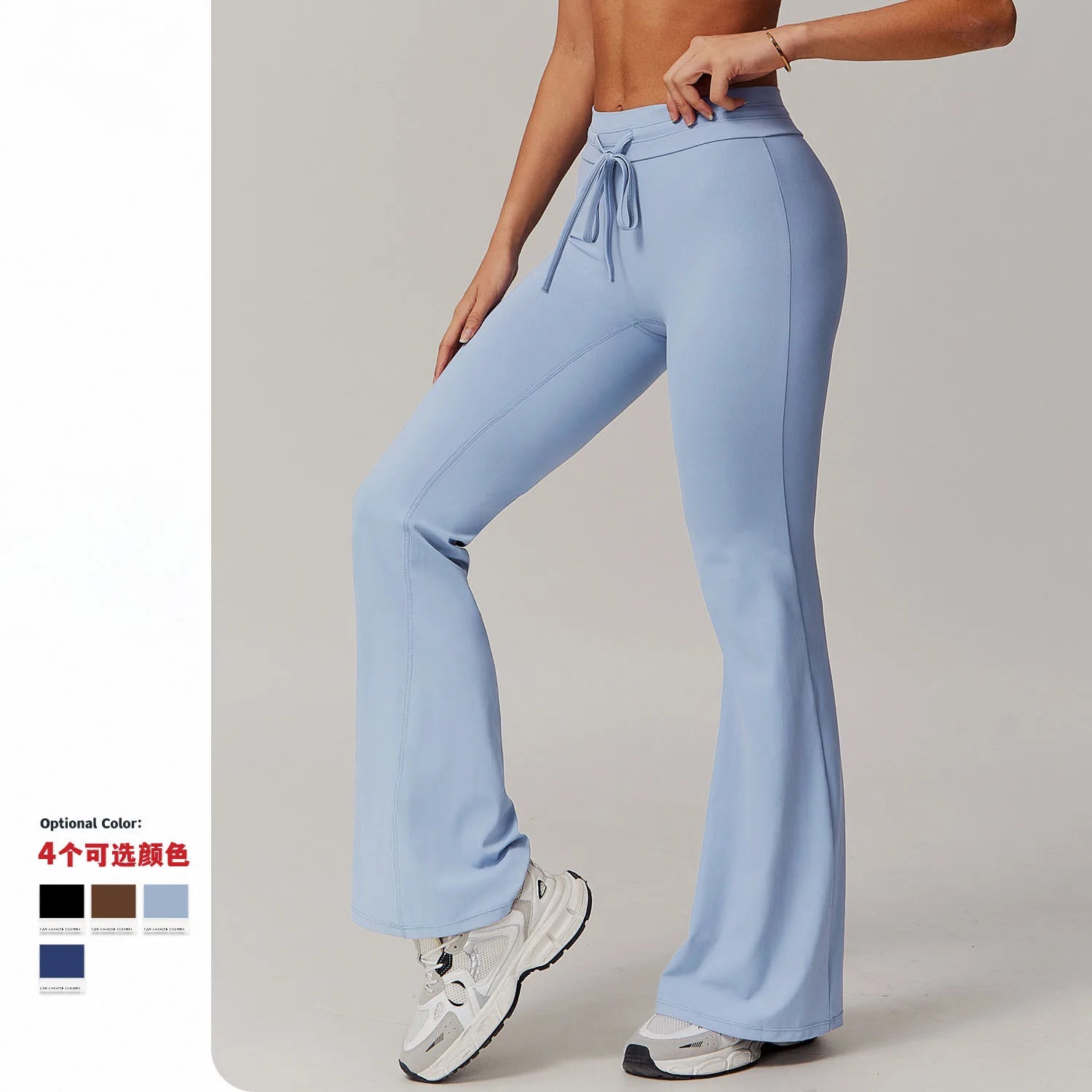 Latest Design Customized Logo Front Drawstring Tummy Control Yoga Leggings Pilates Gym Butt Lift Wide Leg Soft Flare Leggings