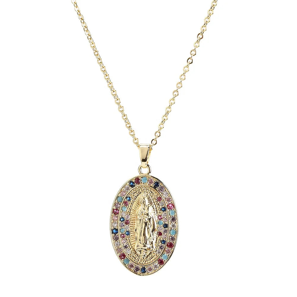 Newest Gold Plated Virgin Mary Choker Necklace Classic Colorful Rhinestone Christian Belief Virgin Mary Necklace