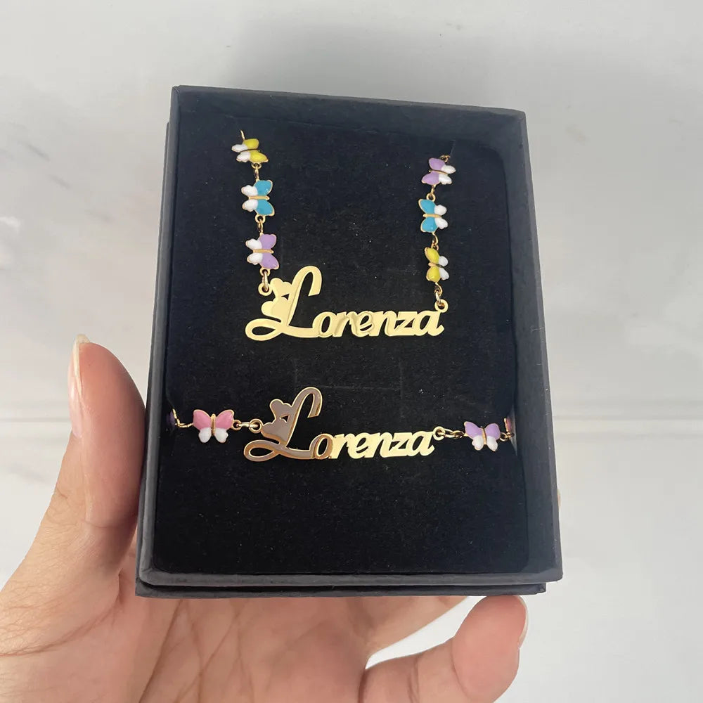 Qiuhan  OEM Colorful Enamel Butterfly Charms Custom Name Eye Petal Heart Necklace Bracelet Jewelry Set