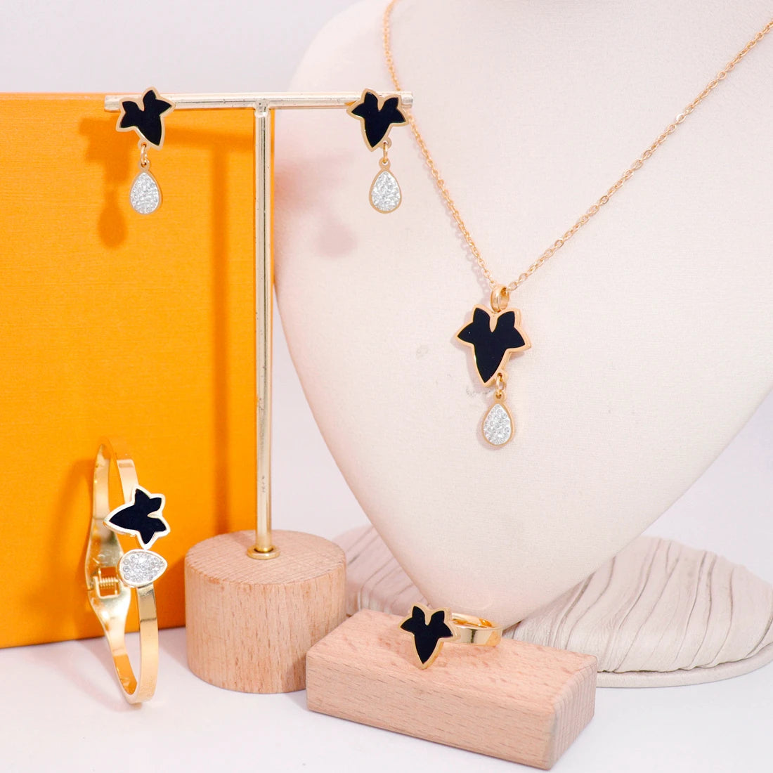 Fashion Trendy Stainless Steel Maple Leaves Jewelry Gold Plated Stud Earrings Necklace Ring Set for Women Gift