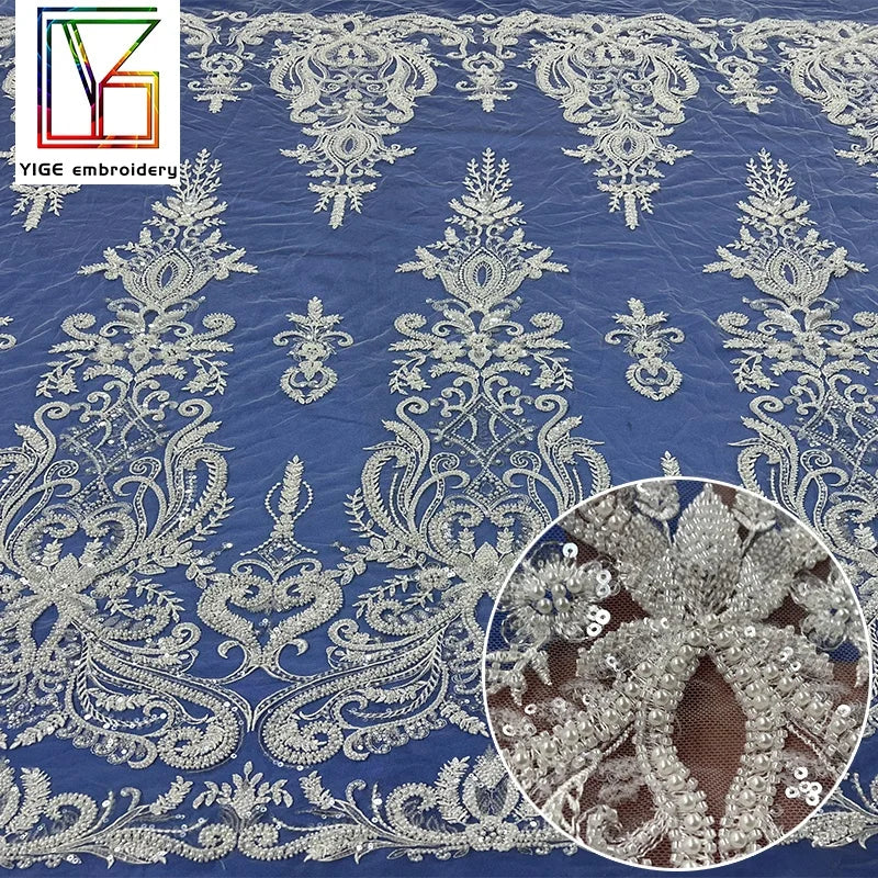 French Lace Fabric Beaded Bridal Lace With Sequins Embroidery 100% Polyester Tulle Bridal Fabric Heavy Beaded Fabric Laces