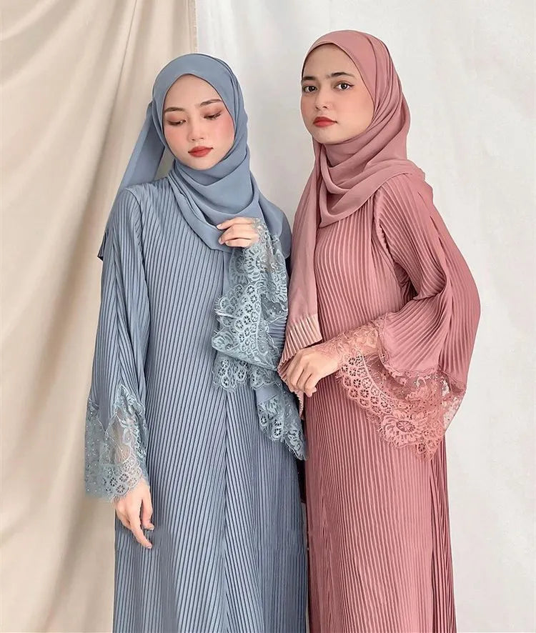 Traditional Floral Lace Rhinestone Niqab Khimar Limanying Burqa Beading Long Sleeves Pleated Allium Islamic Muslim Abaya Hijab