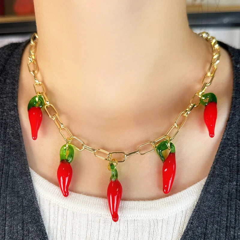 2025 New Arrival Fashion Jewelry Glass Chili Pendant Necklaces Women Choker Chili Red Pendant Necklaces for Women