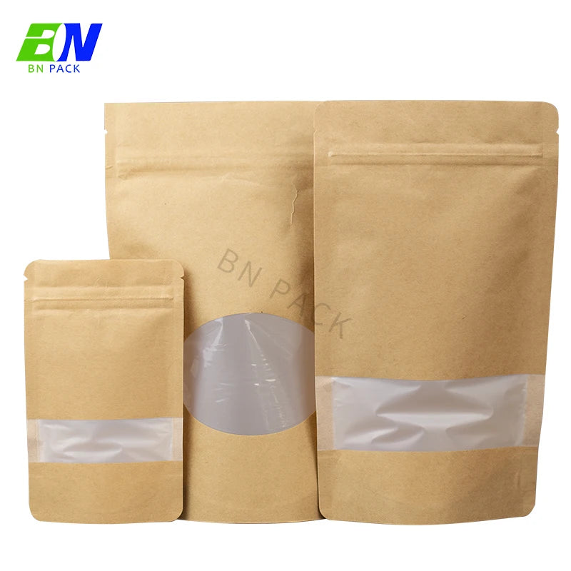 Wholesale Eco-Friendly Compostable Moisture Proof Brown Kraft Paper Resealable Coffee Tea Nut Candy Packing Stand up Bag Window