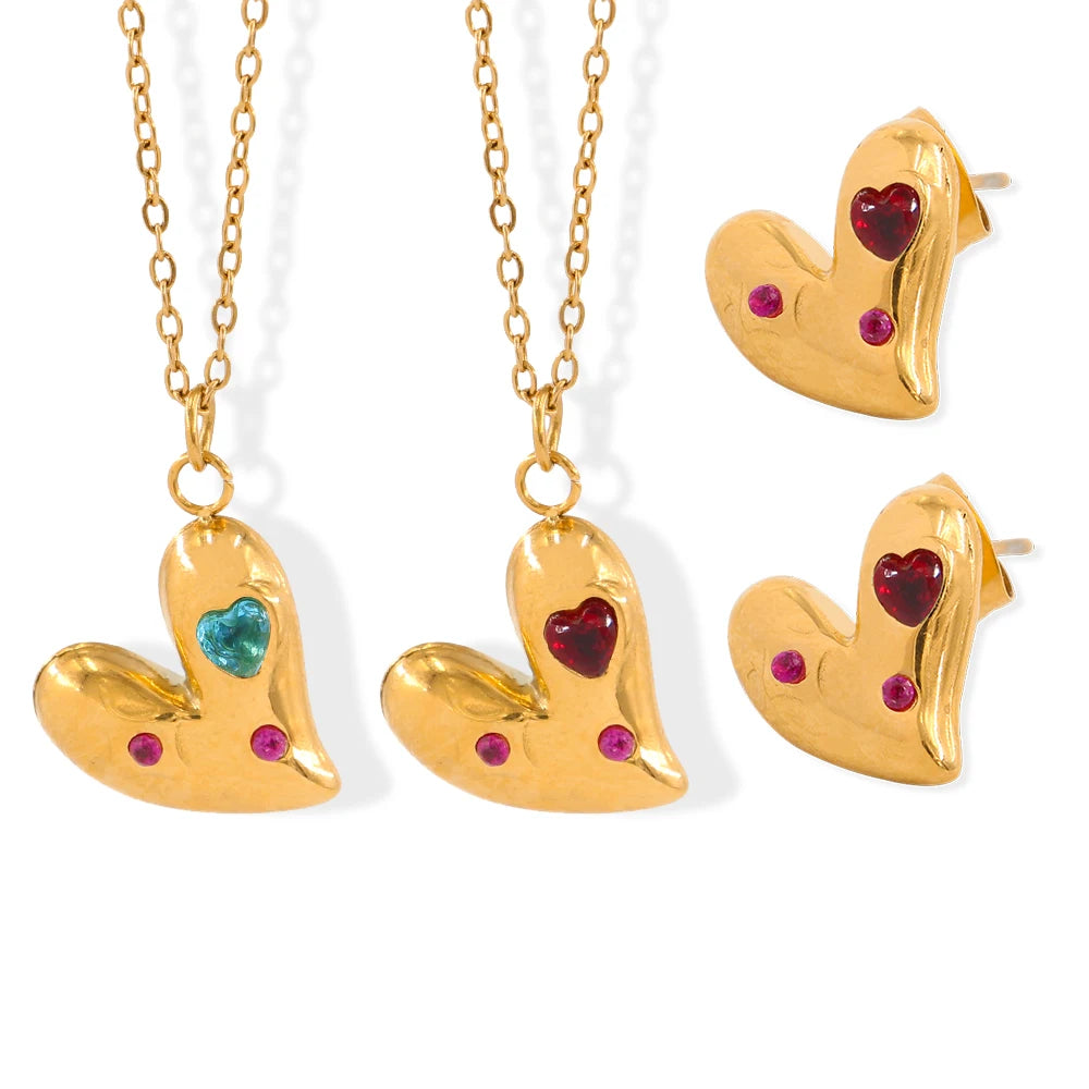 Stainless Steel Colorful Zircon Gold Plated Love Heart Pendant Necklaces EarringsLight Luxury Custom for Jewelry Making