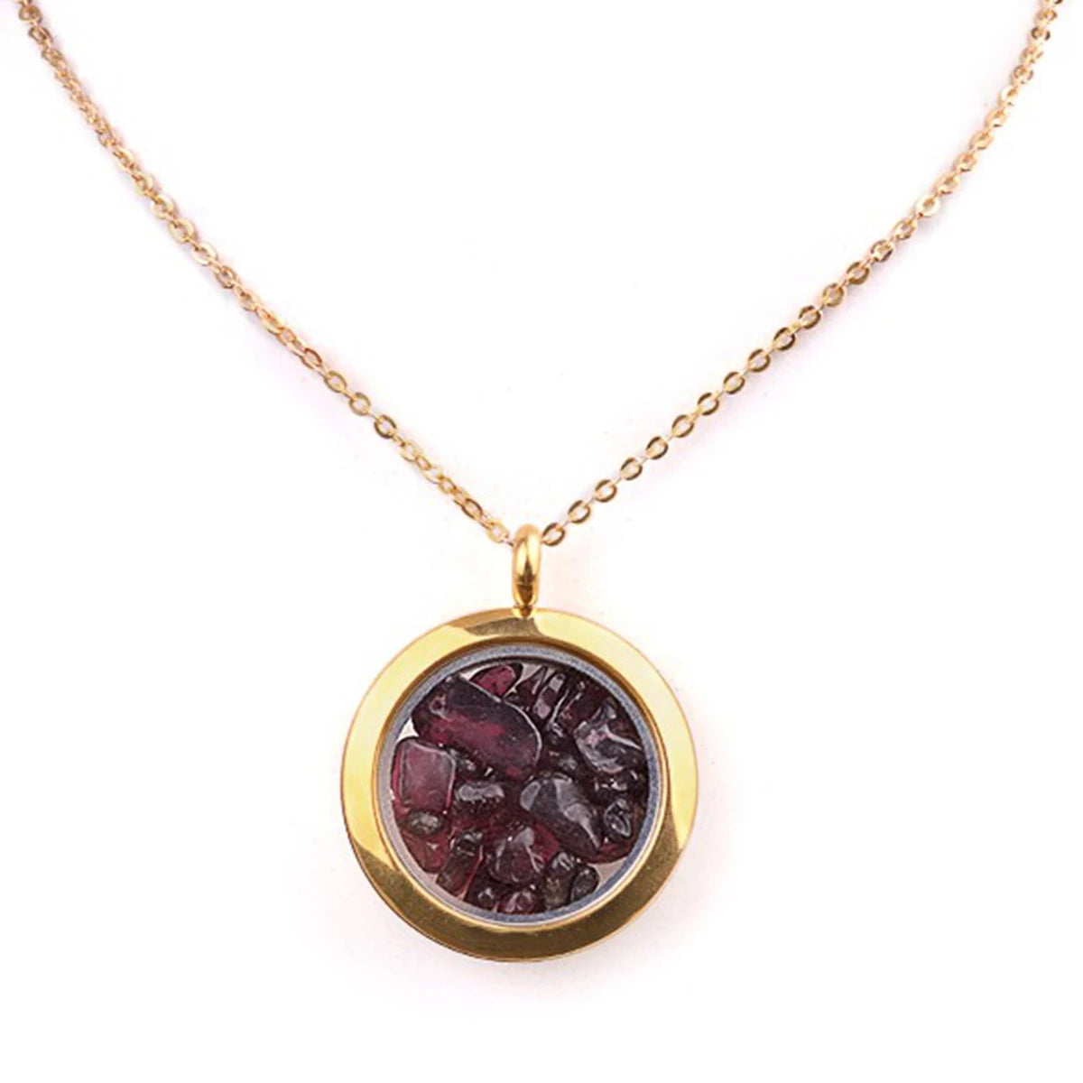 Fashion Garnet 25mm Gold Round Stainless Steel Gawu Crushed Stone Box Pendant Necklace Jewelry Charm Customized Necklace