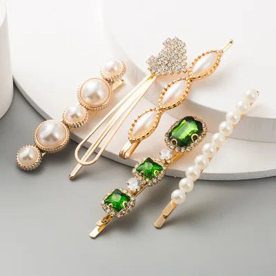 HOVANCI 5 Sets Elegant Pearl Beads Heart Hair Pins Micro Green Crystal Pearl Hair Clips for Lady