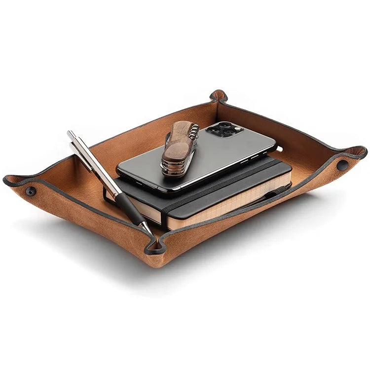 OEM Custom Office Supplies Valet Tray Nightstand Organizer Phone Charging Cable Slot Genuine Leather EDC Tray for Men