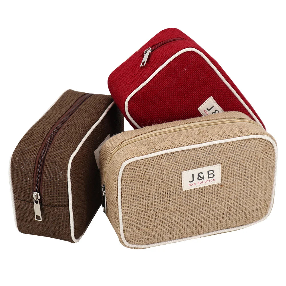 Eco Friendly Travel Jute Makeup Toiletry Bag with Private Label Logo Custom Natural Burlap Hemp Tools Storage Zipper Case Bag