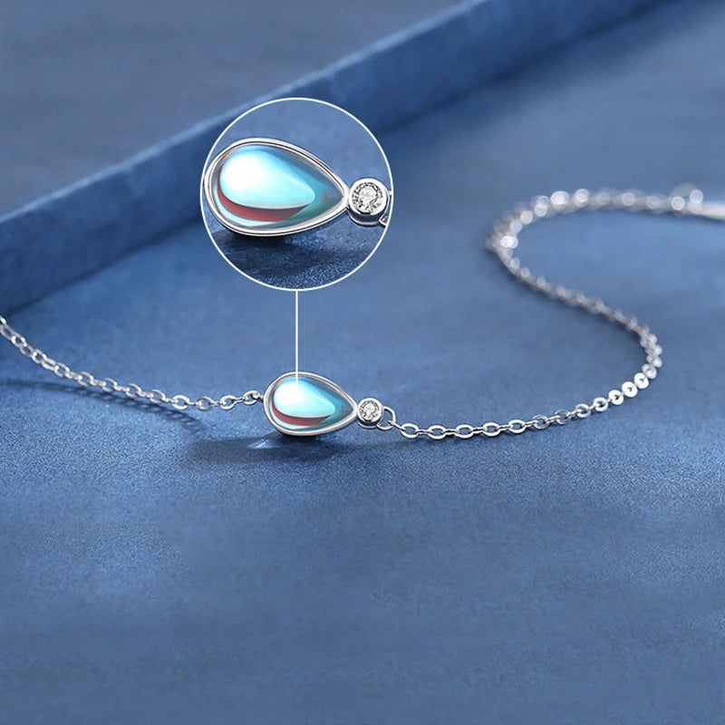 S925 Sterling Silver Adjustable Women's Engagement Bracelet Fashion Charm with Zircon Waterdrop Moonstone