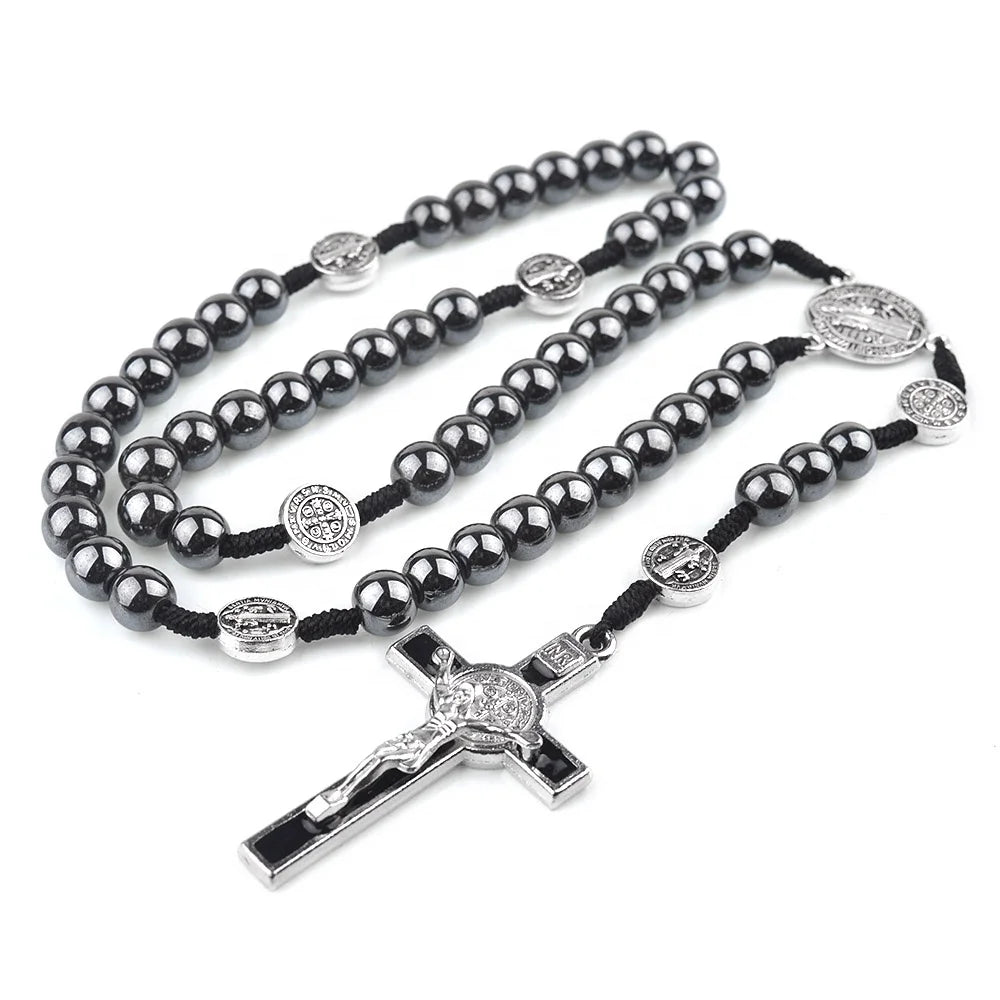 Saint Benedict Cording Rosary 8 mm Hematite Beads Religious Black Cross Catholic Woven Rosaries MegaBDM