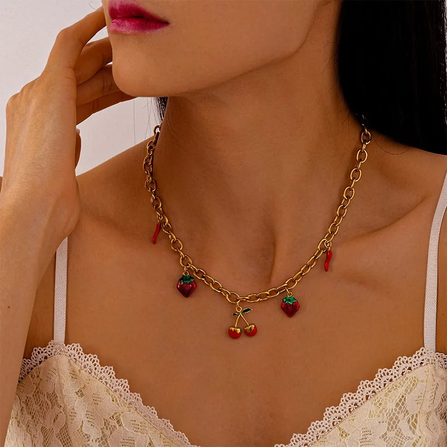 Women's Elegant High-End Titanium Steel Clavicle Pendant Unique Minimalist Trendy Chain Cherry Strawberry Chili Fruit Necklace