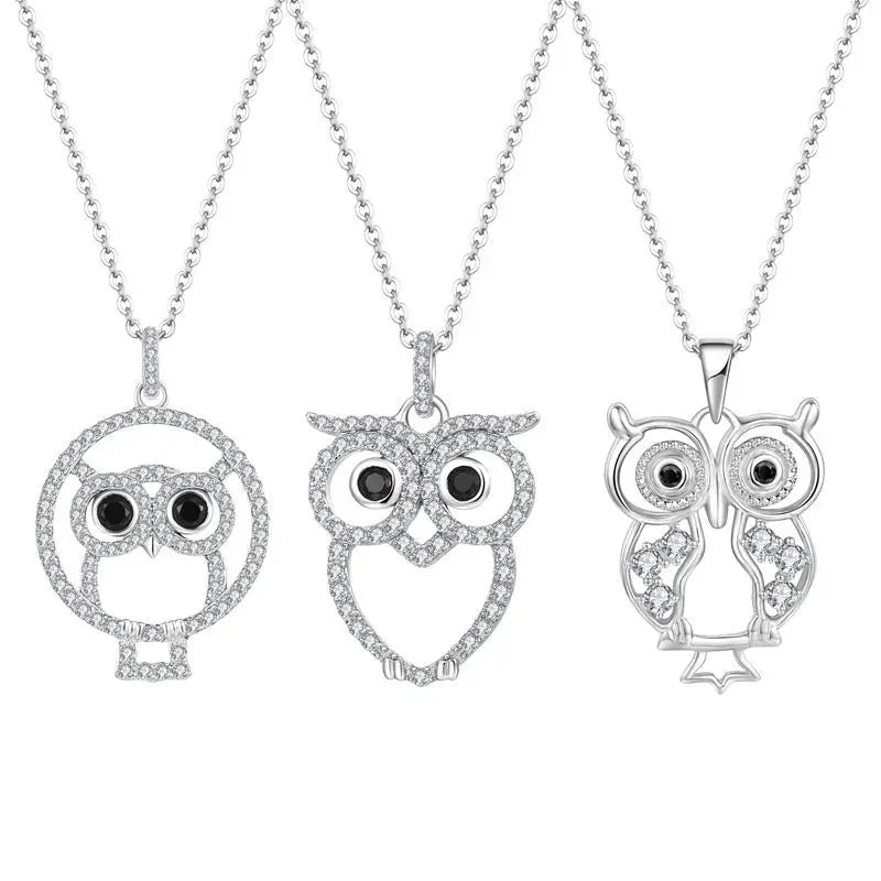 Fashion Micro Inlay Cz Diamond Crystal Rhinestone Jewelry 925 Sterling Silver Owl Pendant Necklace for Women