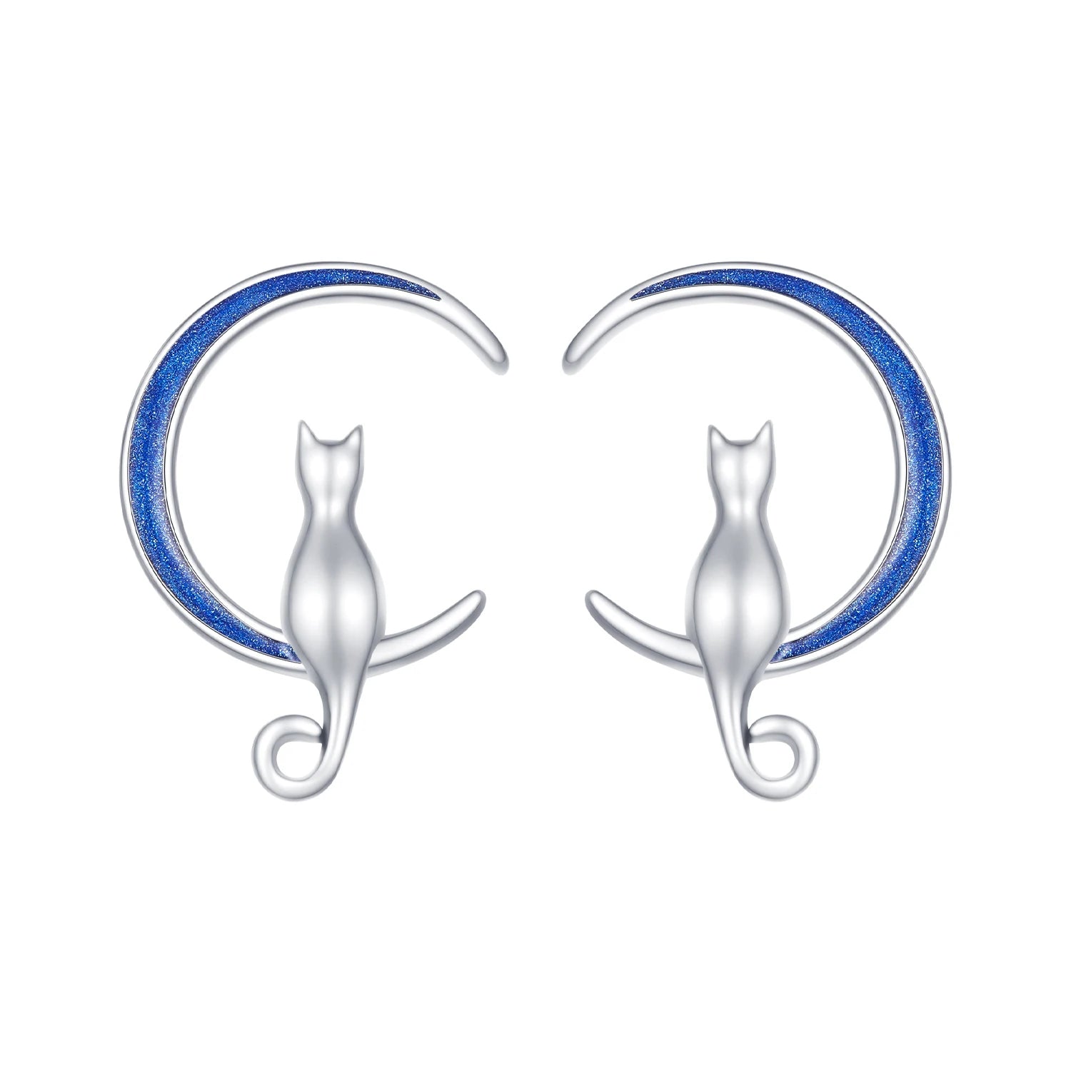 925 Sterling Silver Moon Cat Stud Earrings for Women Blue Enamel Pet Animal Ear Studs Featuring Zircon Birthday Jewelry SCE1609