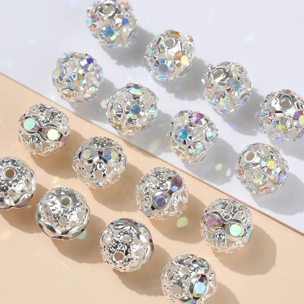 6mm 8mm Hollow Silver Metal Bracelets Crystal Rhinestone Flower Loose Beads Wholesale Harm Spacer Beads for Jewelry Bag Making