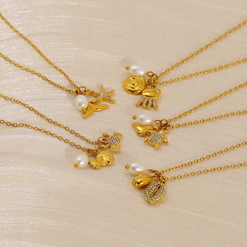 Fashion Ocean Series Jewelry Gold Plated Stainless Steel Pearl Starfish Pendant Necklace for Women Waterproof and Non Fading