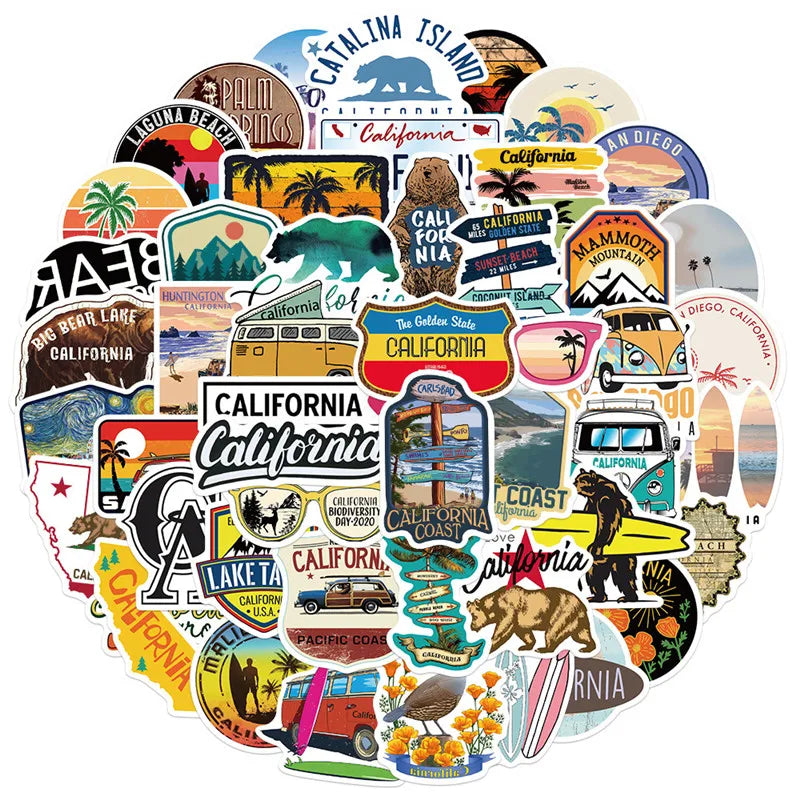 50pcs Fashion California Stickers for Water BottleCool Waterproof Teen Laptop Computer Skateboard Bicycle Luggage Guitar