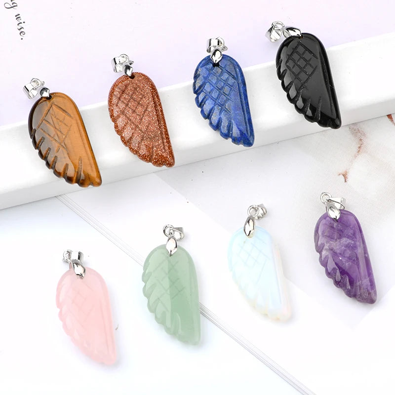 Hand Carved Natural Stone Angel Wing Pendant Necklace Natural Gemstone Angel Wing Pendant